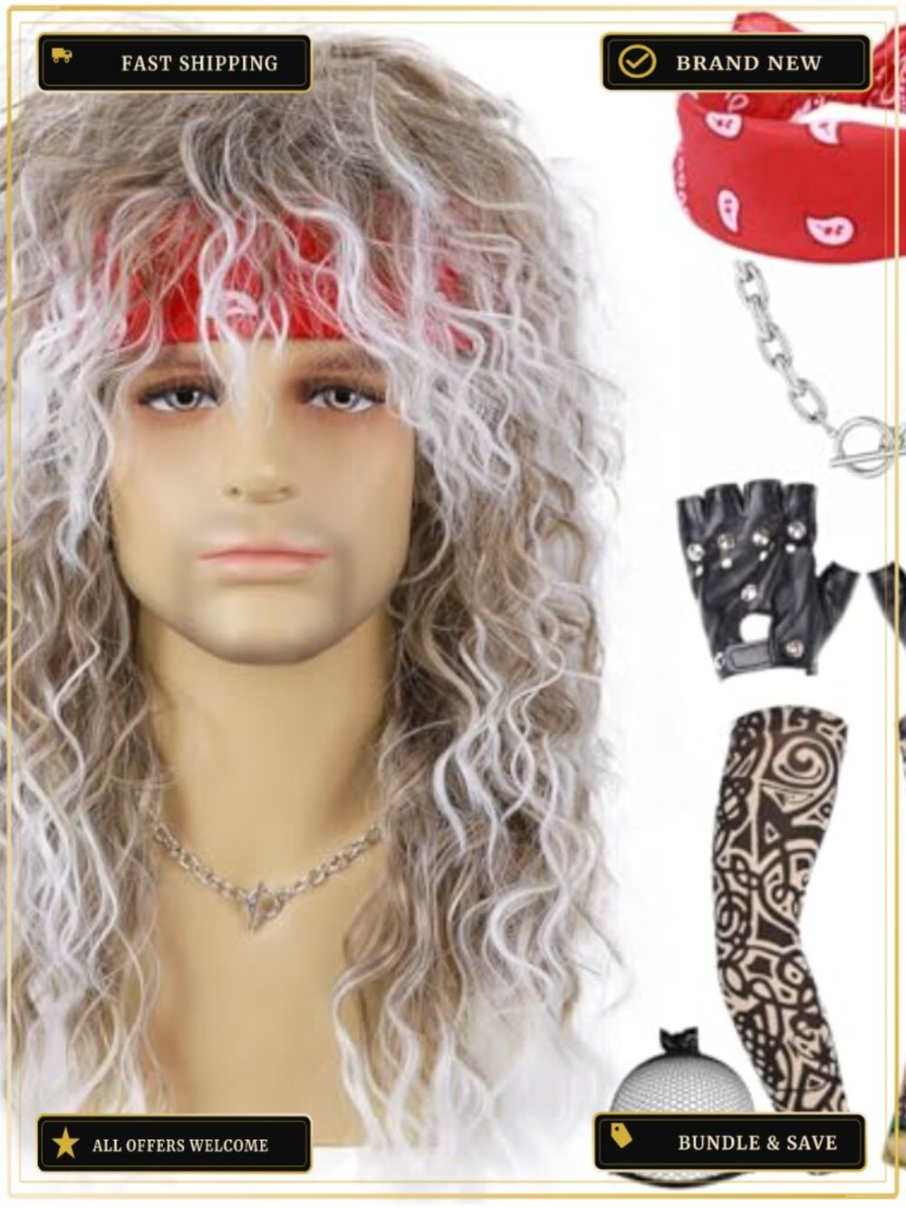 Mens Mullet Wig Set 80s Rocker Costume Heat Resistant Synthetic Fiber